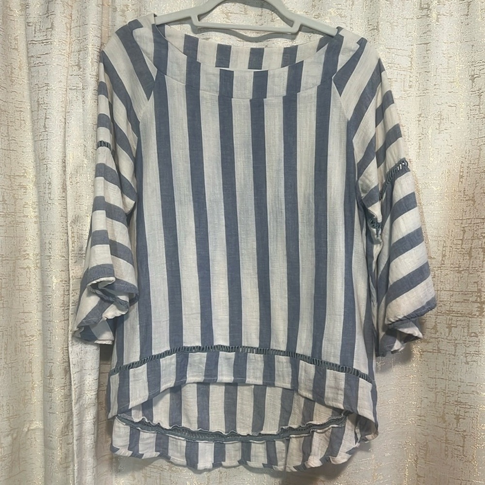 Listicle Striped Bell Sleeve Blouse Women S Blue White Boho Cotton Beachy Relax